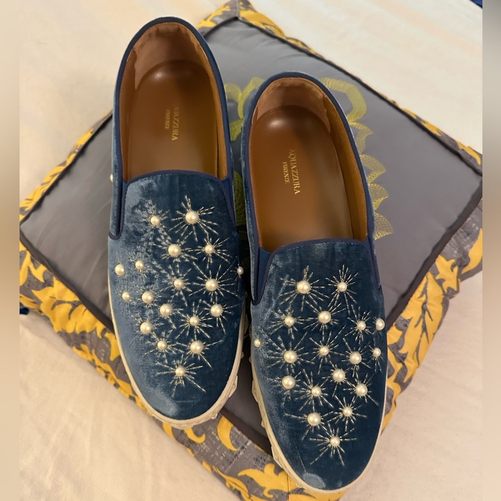 Aquazzura Firenze Blue Velvet and faux pearl Sneakers Loafers w/Pearl starbursts